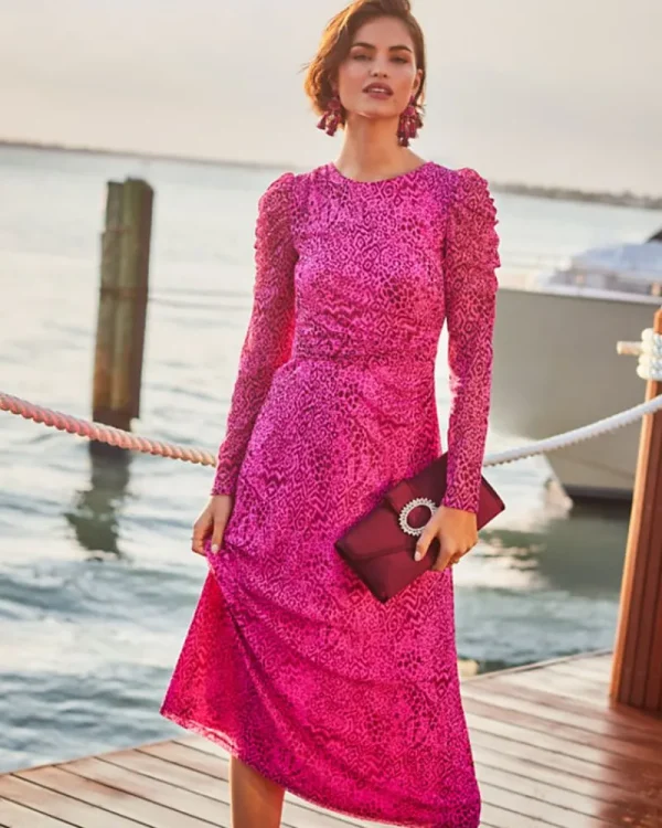 Dresses^Lilly Pulitzer Preslie Long Sleeve Mesh Midi Dress Cerise Pink Pattern Play