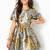 Dresses^Lilly Pulitzer Priyanka Short Sleeve Floral Jacquard Dress Gold Metallic Peony Parade Brocade