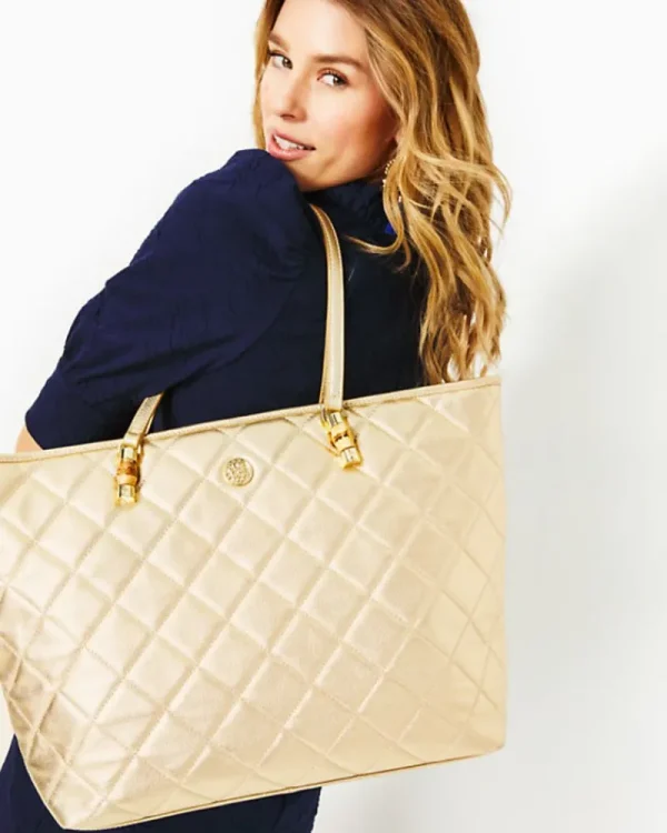 Bags^Lilly Pulitzer Quilted Leather Meena Tote Gold Metallic