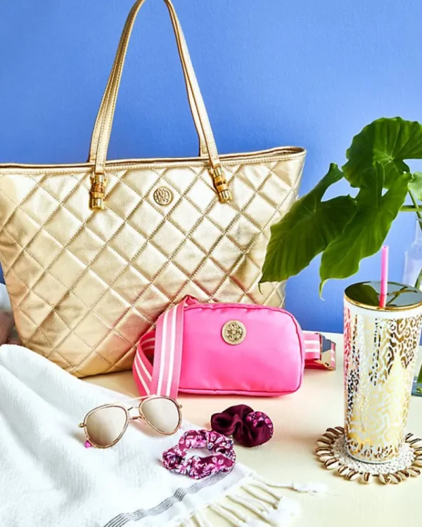 Bags^Lilly Pulitzer Quilted Leather Meena Tote Gold Metallic