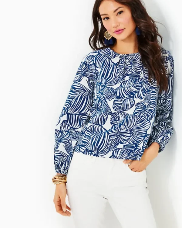 Tops^Lilly Pulitzer Rilynn Long Sleeve Cotton Top Aegean Navy Beach Path