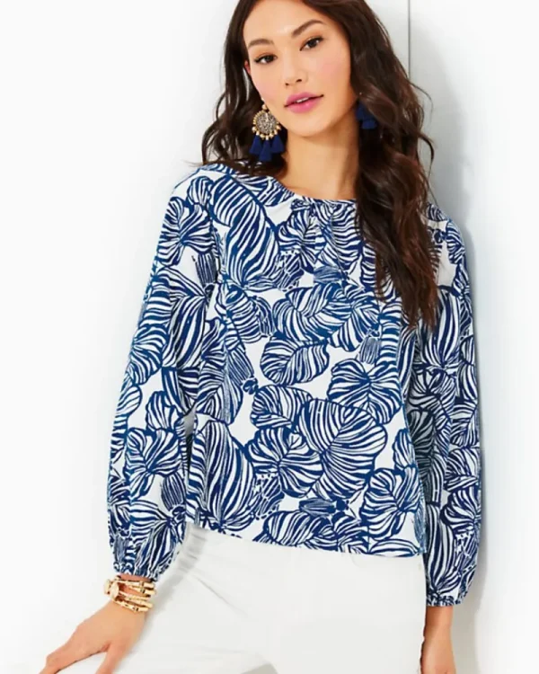 Tops^Lilly Pulitzer Rilynn Long Sleeve Cotton Top Aegean Navy Beach Path