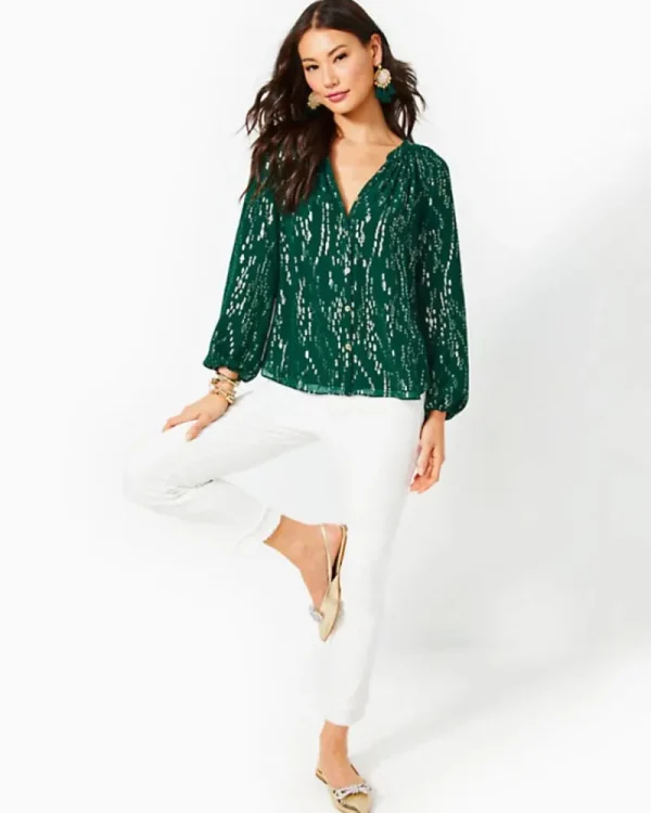 Tops^Lilly Pulitzer Saige Long Sleeve Silk Top Evergreen Fish Clip Chiffon