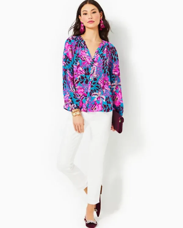 Tops^Lilly Pulitzer Saige Silk Top Blue Rhapsody Orchid You Not