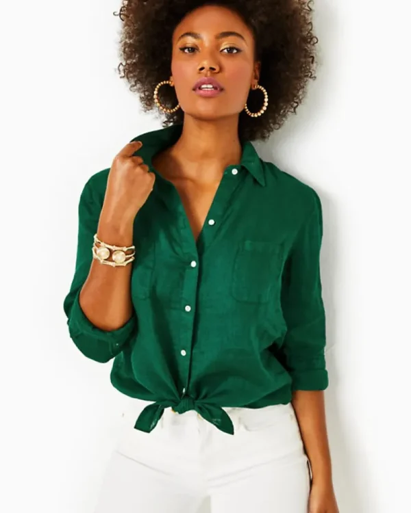 Tops^Lilly Pulitzer Sea View Linen Button Down Top Evergreen X Evergreen