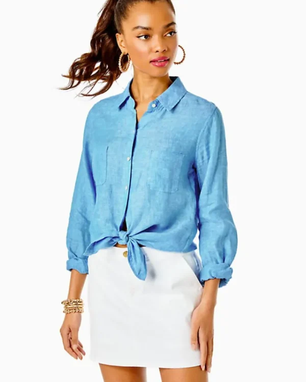 Tops^Lilly Pulitzer Sea View Linen Button Down Top Beckon Blue X Sea Salt