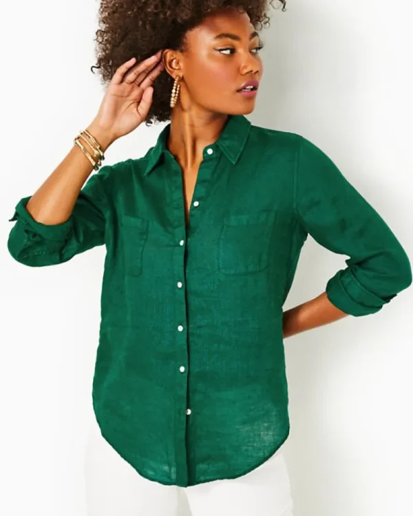 Tops^Lilly Pulitzer Sea View Linen Button Down Top Evergreen X Evergreen