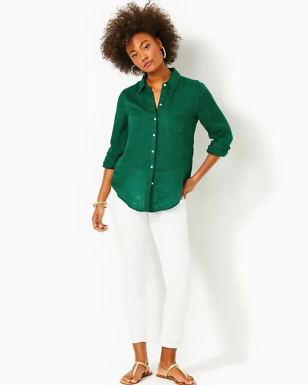 Tops^Lilly Pulitzer Sea View Linen Button Down Top Evergreen X Evergreen