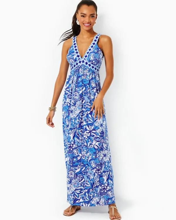 Dresses^Lilly Pulitzer Serena V-Neck Maxi Dress Blue Tang Flocking Fabulous Engineered Knit Dress