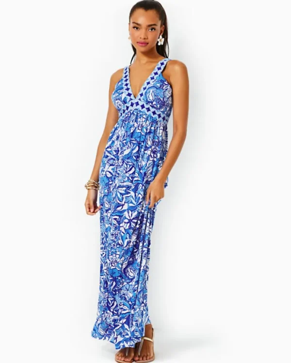 Dresses^Lilly Pulitzer Serena V-Neck Maxi Dress Blue Tang Flocking Fabulous Engineered Knit Dress