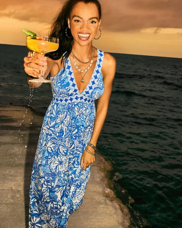 Dresses^Lilly Pulitzer Serena V-Neck Maxi Dress Blue Tang Flocking Fabulous Engineered Knit Dress