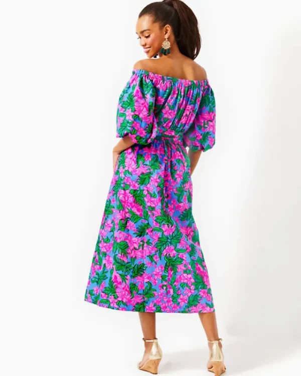 Dresses^Lilly Pulitzer Shawnlee Elbow Sleeve Off-The-Shoulder Cotton Midi Dress Cerise Pink Safari Sunset