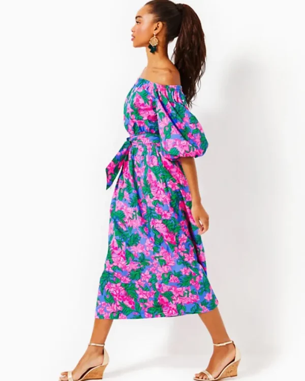 Dresses^Lilly Pulitzer Shawnlee Elbow Sleeve Off-The-Shoulder Cotton Midi Dress Cerise Pink Safari Sunset