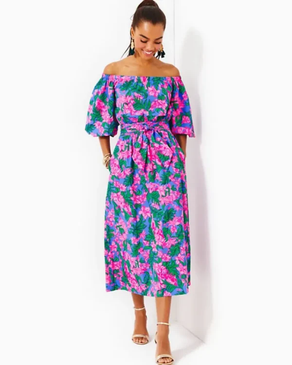 Dresses^Lilly Pulitzer Shawnlee Elbow Sleeve Off-The-Shoulder Cotton Midi Dress Cerise Pink Safari Sunset