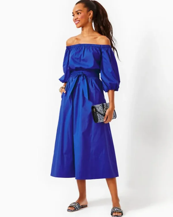 Dresses^Lilly Pulitzer Shawnlee Elbow Sleeve Off-The-Shoulder Cotton Midi Dress Alba Blue