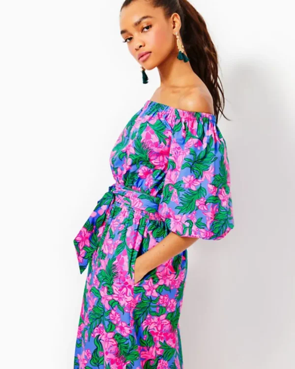 Dresses^Lilly Pulitzer Shawnlee Elbow Sleeve Off-The-Shoulder Cotton Midi Dress Cerise Pink Safari Sunset