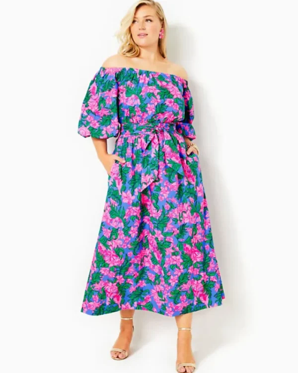 Dresses^Lilly Pulitzer Shawnlee Elbow Sleeve Off-The-Shoulder Cotton Midi Dress Cerise Pink Safari Sunset