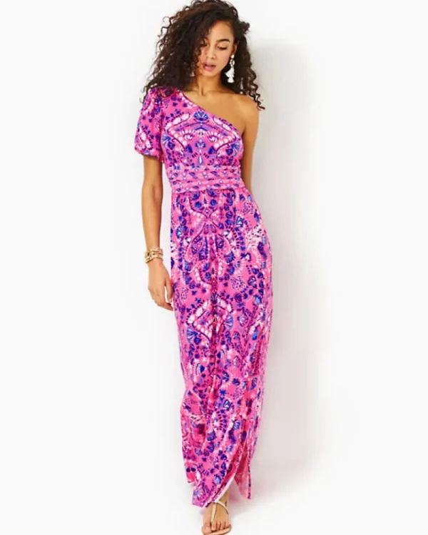 Dresses^Lilly Pulitzer Solana One-Shoulder Maxi Dress Havana Pink Turtle Tidepool Engineered Knit Dress