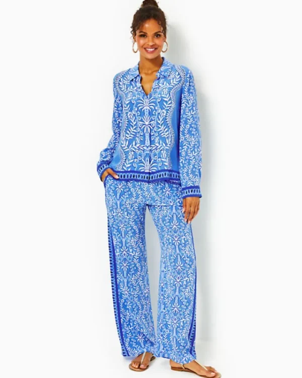 Bottoms^Lilly Pulitzer 33" Solay Silk Palazzo Pant Abaco Blue Have It Both Rays Engineered Pant