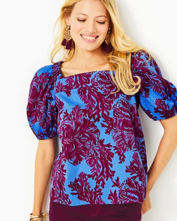 Tops^Lilly Pulitzer Torrey Short Sleeve Stretch Cotton Top Abaco Blue Feel Like A Shellebrity