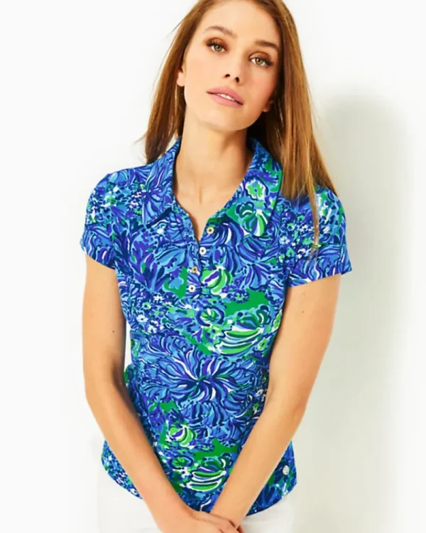 Activewear^Lilly Pulitzer Upf 50+ Luxletic Frida Scallop Polo Top Abaco Blue In Turtle Awe