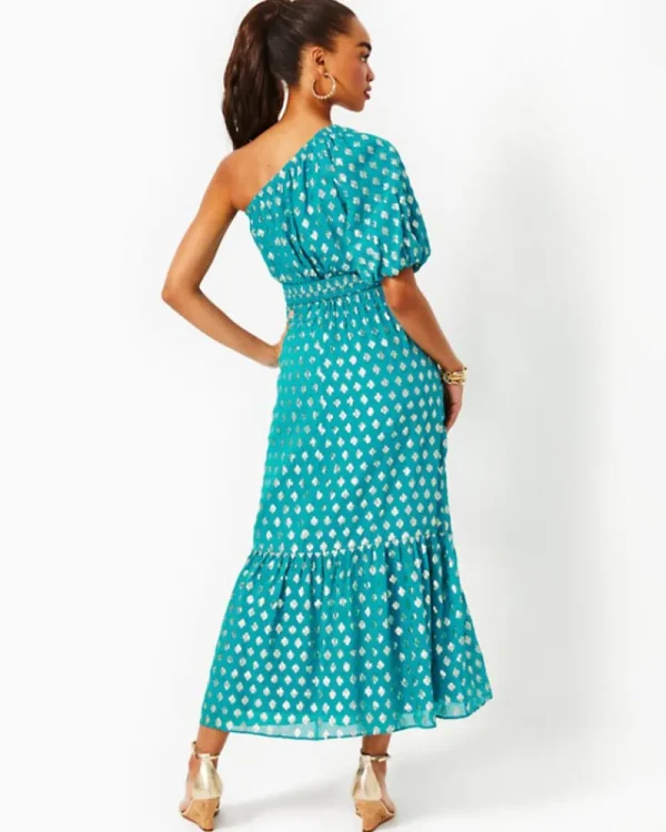 Dresses^Lilly Pulitzer Zelalynn One-Shoulder Maxi Dress Blue Rhapsody Pattern Play Viscose Metallic Clip